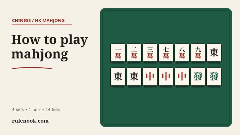 A winning Chinese mahjong hand on felt: 1-2-3 and 7-8-9 of characters, three East winds, three red dragons and a pair of green dragons, 14 tiles