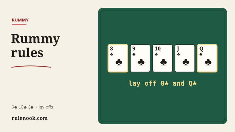 A run of clubs on felt, 9♣ 10♣ J♣, with the 8♣ and Q♣ laid off at either end