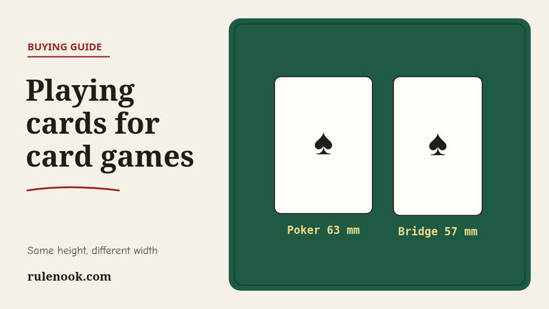 A poker-size card 63 mm wide beside a bridge-size card 57 mm wide, drawn to scale on felt